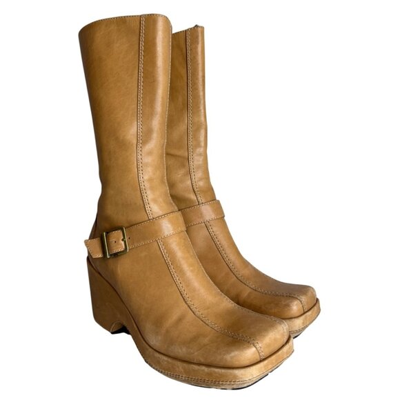 Vintage Y2K Tan Wedge Leather Mid-Calf Boots 6.5Side Zipper & Rubber Sole - Picture 2 of 9